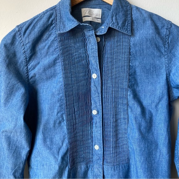 J. Crew Slim Fit Blue Chambray Tuxedo Long Sleeve 100% Cotton Button Shirt 0 - Picture 6 of 8